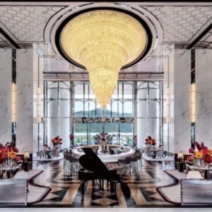 Raffles Hotel kitchen dark wood island