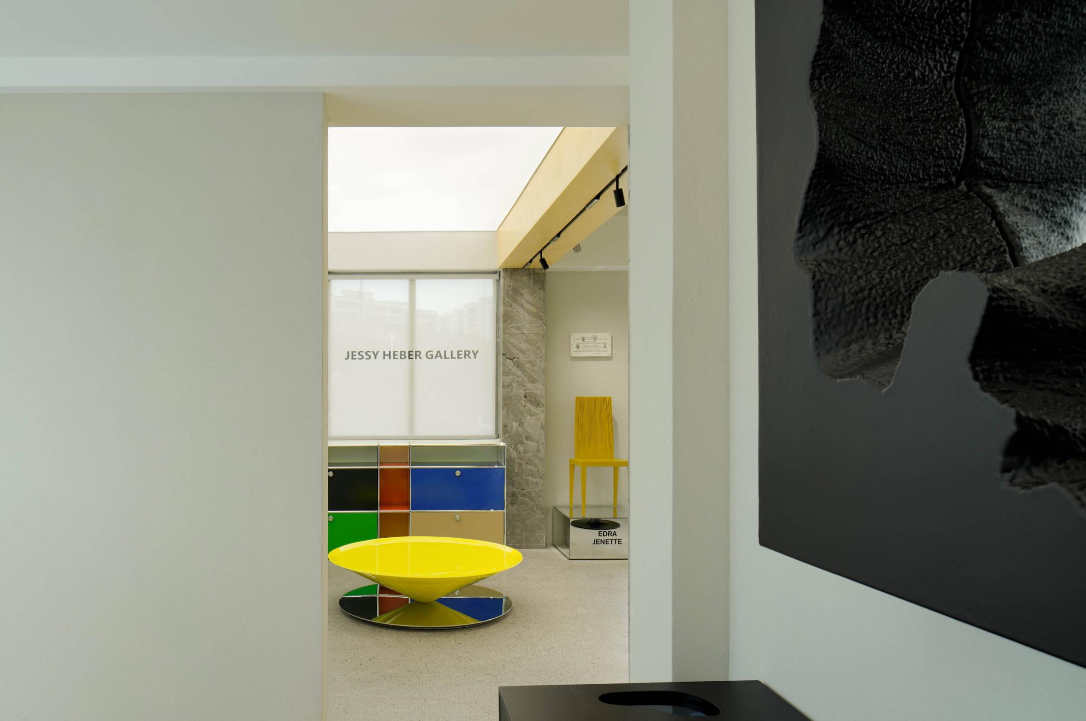 Education center interior with skylight, yellow columns and soft furniture