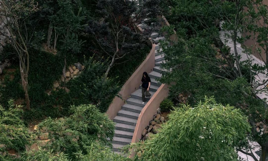 Aerial view of mountain resort pathway and landscape architecture