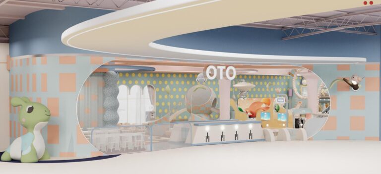 Family commercial interior corridor with pastel entrance and themed play area