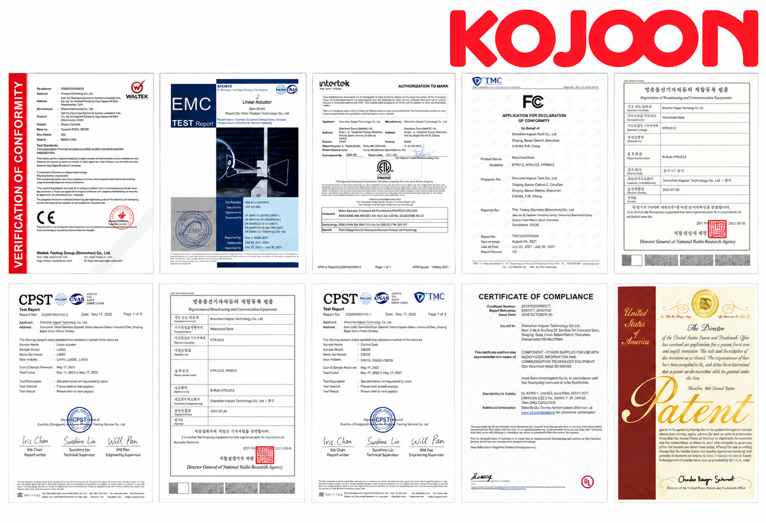 KOJOON logo above two rows of certificates, test reports and a patent document on a black background.