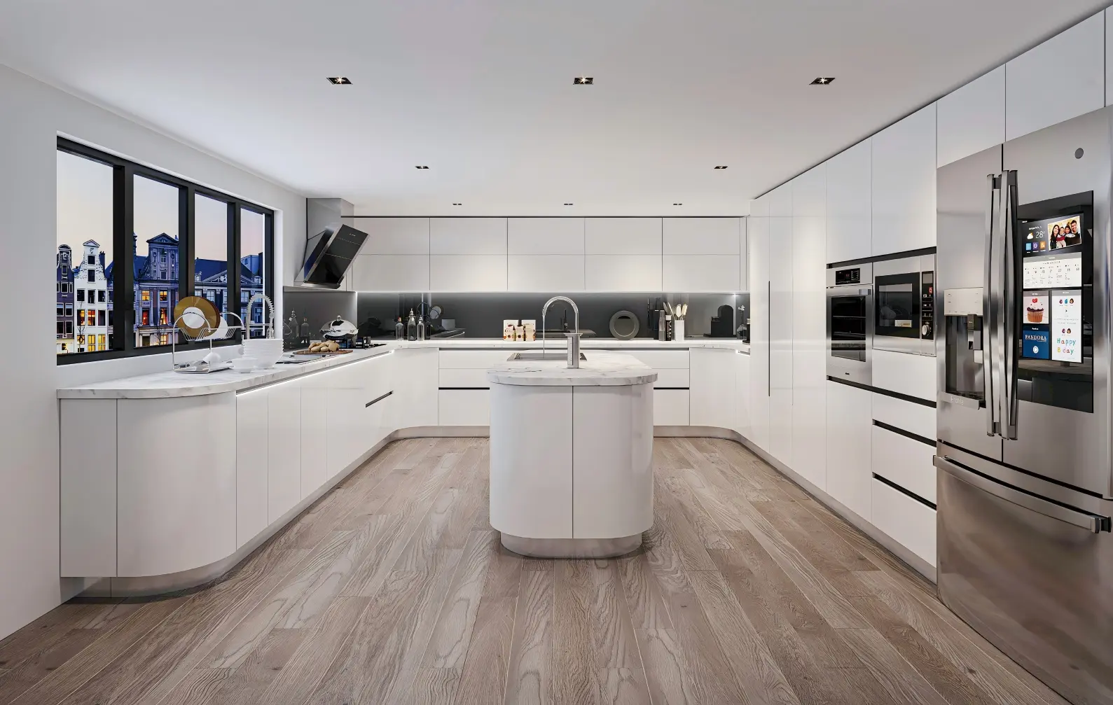 Modern white kitchen featuring custom handleless cabinetry, a curved central island with a marble waterfall countertop, integrated stainless steel appliances, and a dark glass splashback.